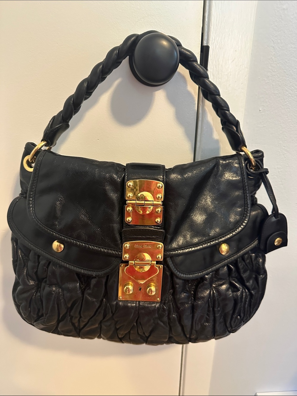 Miu Miu Black Quilted Leather Shoulder Bag with Gold Hardware